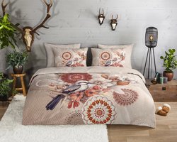 HIP dekbedovertrek mandala�s met vogels en bloemen - Lits jumeaux 240x200/220 cm - Zand - 100% Katoen flanel