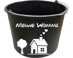 Hip met Pit Creaties - Emmer Nieuwe Woning 12L - Kotsemmer - Zwart met Witte Sticker - Cadeau Emmer Verbouwen - Klus Cadeautjes