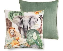 HIP Sierkussen 48x48 cm - Safari Dieren en Bloemen Print - Groen - Polyvelvet - Oeko-Tex Gecertificeerd