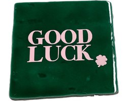 Hippe tegeltje met tekst: Good Luck | Dennengroen met pastel roze | Gepersonaliseerde cadeau | Hippe Spreuktegel | Nieuwe woning cadeau | Housewarming cadeau