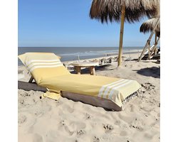 hiPPs Loungie Travel GEEL, lange luxe hamamdoek voor ligbed | met OMSLAG en SIDE-POCKET | handdoek | ligbedhoes | opbergzakje | strandhanddoek | strandlaken | cover | beachbed | ligstoel | strandbed | saunadoek | peshtemal | uniek formaat