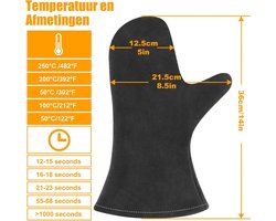 Hittebestendige handschoenen voor open haarden en barbecues | EN 407 goedgekeurd | Zwart leer | Comfortabel en duurzaam