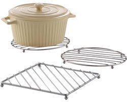 Hittebestendige mat - 2 stuks - Pannenlap - Hittebestendige aanrechtbeschermer - 18 cm - Roestvrij staal - Stoomrek - Geschikt voor hete pannen/borden - Vierkant en rond - Metalen hittebestendige mat - Vaatwasmachinebestendig - Zilver