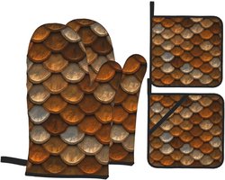 Hittebestendige Ovenwanten en Pothouders Set - 4 Delig Bruin Koper Patroon - Keuken Bakken BBQ