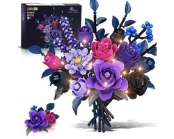 HiWEEGO Paarse Rozen Bouwblokken Boeket - 887 Delen - 17 Bloemen Met LED-Licht - DIY Creatief Bloemdecoratie -Bouwpakket voor Kinderen Volwassenen
