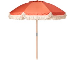 HIXA Parasol met Franjes - Houten paal - Stokparasol - Terra Bruin - 180CM - Strandparasol - Tuin Accessoires - Balkon parasol - Bohemian - Ibiza - Stokdiameter 3cm - CHARLIE