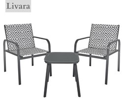 HIXA Tuinset - 3-delig - Grijs - Bistroset - Tuintafel - met Stoelen - 2 Personen - Balkonset - 2 Persoons - Loungeset - Table de Jardin - LIVARA