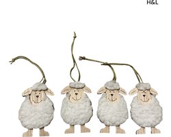 H&L houten paashangers - wollen schaap - bont - 4 stuks - Pasen - Paasdecoratie - Paasboom
