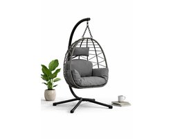 HOB Egg Chair - Hangstoel op Standaard - Tuinstoel - Met Kussen en Hoes - tot 130 KG - In hoogte verstelbaar - Zwart/Grijs