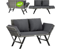 HOB Loungebank met kussens - 4-in-1 Bank -Verstelbaar - Tuinbank - Ligbed - Loungebank met kussens - Weersbestendig - Binnen en Buiten - Zwart & Grijs