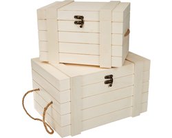 Hobby 62651000 houten kisten set met jute handgrepen, set van 2 stuks, 30 x 20,5 x 17,3 cm en 24 x 16 x 15,5 cm, natuurlijk, schatkisten
