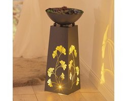 Hoberg LED Voetstuk Plantenbak Ginkgo Bladeren Ontwerp in Beton Optiek | Afneembare Plantenbak (Ø 34cm) Geschikt voor Binnen & Buiten | Geïntegreerde Verlichting, 6u Timer, Snoerloos [23 x 23 x 70 cm]