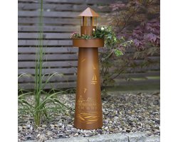Hoberg LED voetstuk plantenbak in vuurtoren design & maritieme ponsen in roest look | Geschikt voor binnen & buiten gebruik | Met LED verlichting, 6 uur timer, snoerloos [ø 21 x 80 cm]