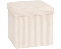 Hocker / Poef Essestial Ribcord - opvouwbaar - wit - MDF/polyester - 38 x 38 cm - met opbergruimte - extra zitplaatsen