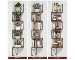 Hoek Boekenkast met Zigzag Design – 5 Lagen Wandrek – Industrieel Vintage Wandkast – Ruimtebesparende Hoekplank voor Woonkamer, Slaapkamer, Badkamer of Kantoor – Hout & Staal – 20x20x127,5 cm