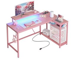 Hoek Bureau Met Stopcontacten En LED Verlichting, Omkeerbaar Computer Tafel Met Planken En Haakjes, Compact Bureau Voor Thuis Werkplek En Kleine Ruimtes, 52 Inch