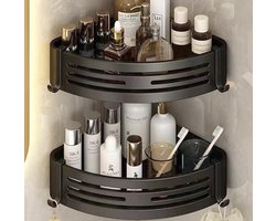 Hoek Doucherek Zonder Boren Zwart – Douch opbergplank 4 Haken – Aluminium Badkamer Organizer – Waterdicht & Roestvrij – Wandplank met Hoge Rand