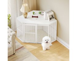 Hoek Hondenbench Meubelstijl – Wit – 107 x 59,6 x 64 cm – Spaanplaat & Metaal – Max. 100 kg – Inclusief Kussens