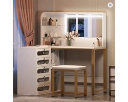 Hoek Kaptafel met Spiegel en LED Verlichting – Luxe Make-up Tafel 120 cm met 5 Lades, Open Planken & Kruk – Moderne Schminktisch Wit/Goud