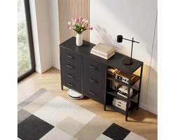Hoek Ladekast met 7 Stoffen Lades – Moderne Opbergkast met LED Verlichting, USB & AC Stopcontacten en 3-Laags Bovenblad – Industrieel Design voor Slaapkamer en Woonkamer – Zwart – Mobili Bella
