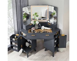 Hoek Make-up Tafel met 3-Weg LED Spiegel en Glasplaat – 122 cm Kaptafel met 3 Laden, Opbergruimte, Stopcontact, USB & Type-C | Furnitureland