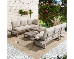 Hoek Tuinlounge Set - Verstelbare Rugleuning (5 Standen Tot 55°) - 2 Salontafels - Kunststofhout - Verzinkt Staal - Met Opbergvakken - Beige + Khaki - Ideaal voor Tuin, Terras & Balkon