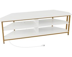 Hoek TV-meubel met oplaadstation, TV-lowboard met planken, TV-meubel voor tv's tot 65 inch, TV-tafel voor woonkamer, slaapkamer, 140 x 39 x 48 cm, wit + goud