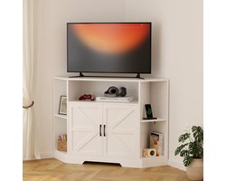 Hoek TV-Meubel met Stopcontact en USB - Voor TV's tot 55 inch - Landelijke Stijl - TV-Kast met 7 Schappen en Deurtjes - Wit - 115x40x81CM