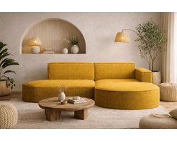 Hoekbank 236x165 cm L-vorm Rechts – Gele Ribfluwelen 3-zits Bank met Chaise Longue, Modulaire Relaxbank met Voetenbank en Opbergruimte voor Woonkamer – MODENA Studio | HomebyNicole