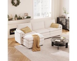 Hoekbank 255 x 130 x 116 cm L-vormig met Opbergruimte en Hocker – Modulaire 4-Zits Bank met Slaapfunctie, Microvezel Wit – Modern Design – Aurora Living – Pauwhome