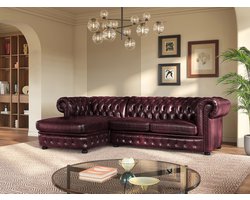 Hoekbank 274 × 166 cm Chesterfield van 100% Volnerf Buffelleer – Luxe 5-Zits Hoekbank met Capitonnage, Linkerhoek, Houten Poten – Bordeaux / Kersenrood – Windsor Royal Chesterfield – Depauw