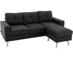 Hoekbank 3-zits Met Chaise Longue – Zwarte Woonkamerbank Met Knoopdetails, 193 x 136 x 85 cm