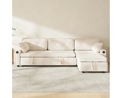 Hoekbank 3 Zits - Met Opbergruimte - L-Bank met Slaapfunctie - Slaapbank - Zetel - L - Zetel met Slaapgedeelte - Ribstof Chenille - USB-poorten en Type C - Opbergtas - Koffieblad - 5 kussens - 248 x 145 x 79 cm - Beige
