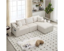 Hoekbank - 3-zits - Modulaire Set met Chaiselongue - Zijvakken en Bekerhouders - Ribstof - Grijs