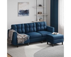 Hoekbank, 3-zitsbank met gestoffeerde kruk van fluweel, L-vorm, rechts/links, voor woonkamer, slaapkamer, woning, blauw