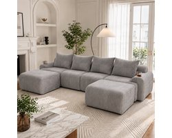 Hoekbank 4-zits Corduroy Lichtgrijs – U-vorm & L-vorm Bank met 2 Hockers, Bekerhouder en Opbergtas – Moderne Lounge Bank voor Woonkamer