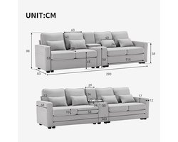 Hoekbank 4-Zits met USB Poorten, Opbergruimte & Drankhouders – Luxe Linnenstof Design Sofa met Kussens – Comfortabele Moderne Bank voor Woonkamer – Grijs – Duurzaam Massief Hout & IJzeren Frame – Medahomestore