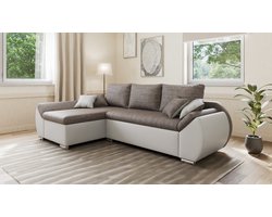 Hoekbank Alex met slaapfunctie en opbergruimte – moderne combinatie van structuurstof en kunstleer, stijlvol & comfortabel – Links, Bruin + Wit (Lawa 02 + Soft 17) met Hocker