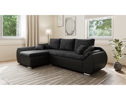 Hoekbank Alex met slaapfunctie en opbergruimte – moderne combinatie van structuurstof en kunstleer, stijlvol & comfortabel – Links, Zwart (Lawa 06 + Soft 11) met Hocker