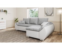 Hoekbank Alex zonder slaapfunctie en opbergruimte – moderne combinatie van structuurstof en kunstleer, stijlvol & comfortabel – Rechts – Grijs + Wit (Lawa 05 + Soft 17)