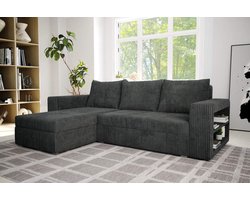 Hoekbank Alexandra met slaapfunctie en opbergruimte- corduroy ribstof grijs- hoeksalon met bed en opbergruimte- universele lounge- seatsandbeds