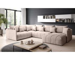 hoekbank aspen xl- velvet beige- met bed en opbergruimte- hoeksalon aspen U beige- zetelsenbedden