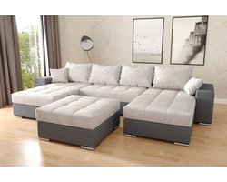 Hoekbank Best Met hocker - grijs pu en Lichtgrijs stof - Hoeksalon met bed en opbergruimte - Hoekzetel wooneiland inclusief poef ' met slaapfunctie en storage '