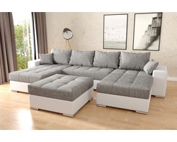Hoekbank Best Met hocker - wit pu en grijs stof - Hoeksalon met bed en opbergruimte - Hoekzetel wooneiland inclusief poef ' met slaapfunctie en storage '