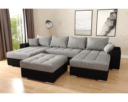 Hoekbank Best Met hocker - zwart en grijs - Hoeksalon met bed en opbergruimte - Hoekzetel wooneiland inclusief poef ' met slaapfunctie en storage '