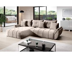 Hoekbank Bonno Velvet Beige - Hoeksalon met bed functie en opbergruimte - zitbank velvet met universele lounge links of rechts - zetelsenbedden