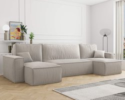 HOEKBANK CARLOS U BEIGE- HOEKSALON MET OPBERGRUIMTE EN SLAAPFUNCTIE- CORDUROY RIBSTOF BEIGE- KARL HOEKZETEL U VORM- zetelsenbedden