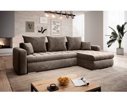 hoekbank cindy taupe/beige velvet- met bed en opbergruimte- hoeksalon zitbank universeel links of rechts lounge