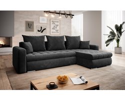 Hoekbank Cindy zwart Velvet- met bed en opbergruimte- hoeksalon zitbank universeel links of rechts lounge- Zetelsenbedden