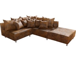 Hoekbank Clovis bruin antiek look met hocker ottomane rechts hoekbank modulair
